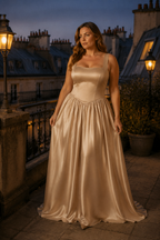 Champagne silk column maxi dress, lifestyle, evening glow and soft light