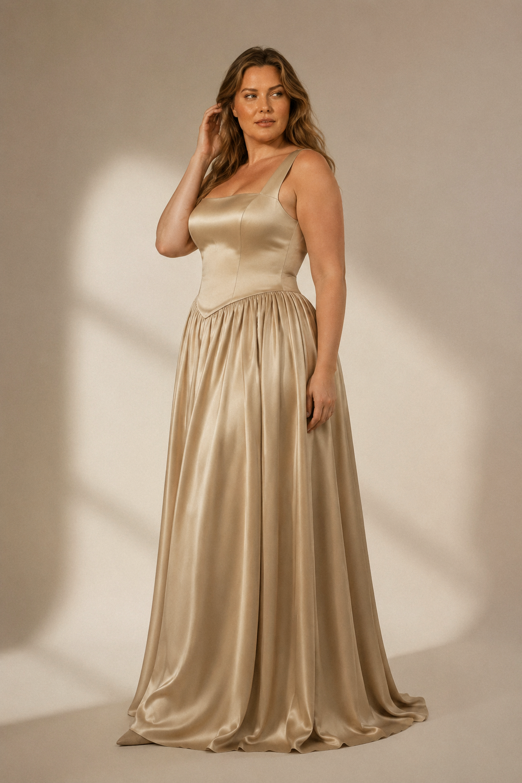 Champagne silk column maxi dress, three-quarter view, draped silk fabric
