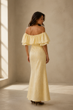 Butter yellow linen column maxi dress, back view, smooth back, column silhouette