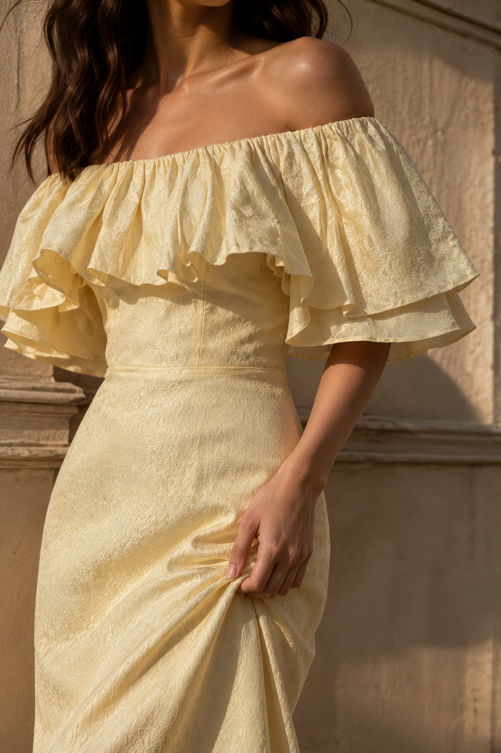 Butter yellow linen column maxi dress, fabric detail, flax weave in raking light