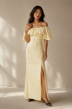 Butter yellow linen column maxi dress, full front view, mermaid hem, soft linen texture