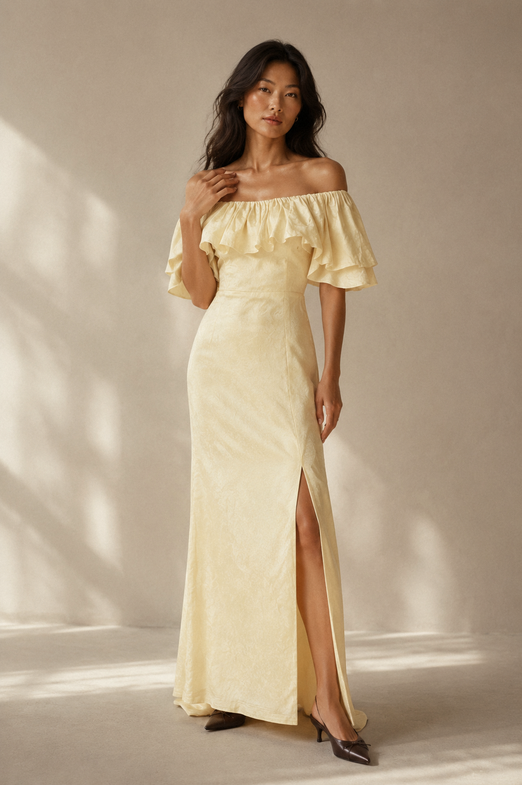 Butter yellow linen column maxi dress, full front view, mermaid hem, soft linen texture