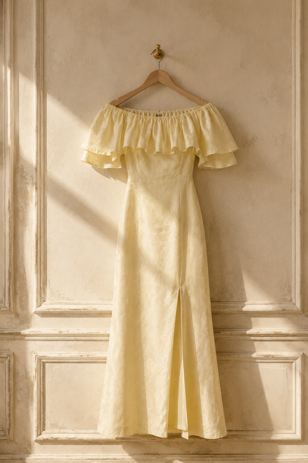 Butter yellow linen column maxi dress, hanging on wooden hanger against plaster wall