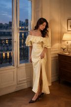 Butter yellow linen column maxi dress, front view, off-shoulder ruffle, fitted column silhouette