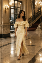 Butter yellow linen column maxi dress, lifestyle, evening stroll in soft light
