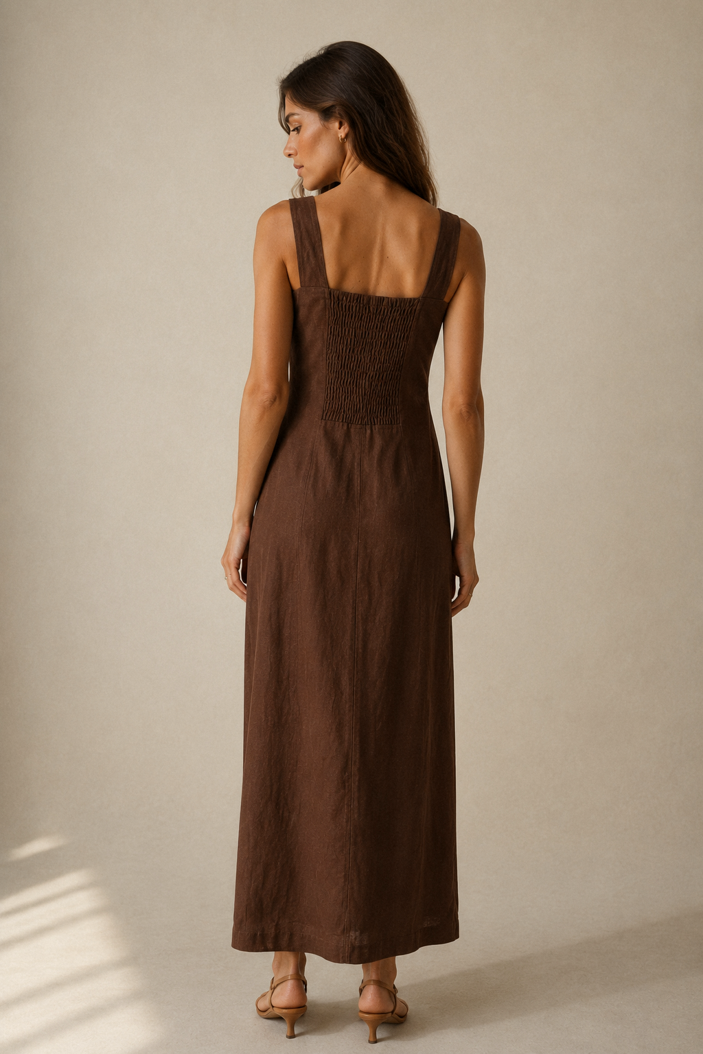 Chocolate brown linen column maxi dress, back view, straight back, clean lines