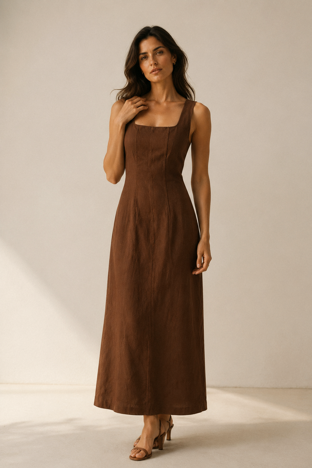 Chocolate brown linen column maxi dress, full front view, column silhouette, maxi length