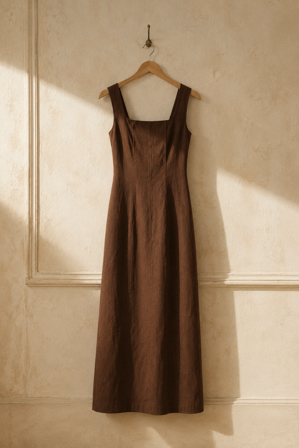 Chocolate brown linen column maxi dress, hanging on wooden hanger against plaster wall
