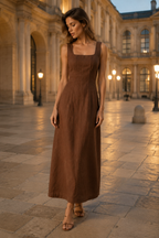 Chocolate brown linen column maxi dress, front view, square neckline, sleeveless design