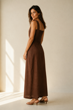 Chocolate brown linen column maxi dress, three-quarter view, straight silhouette, natural drape