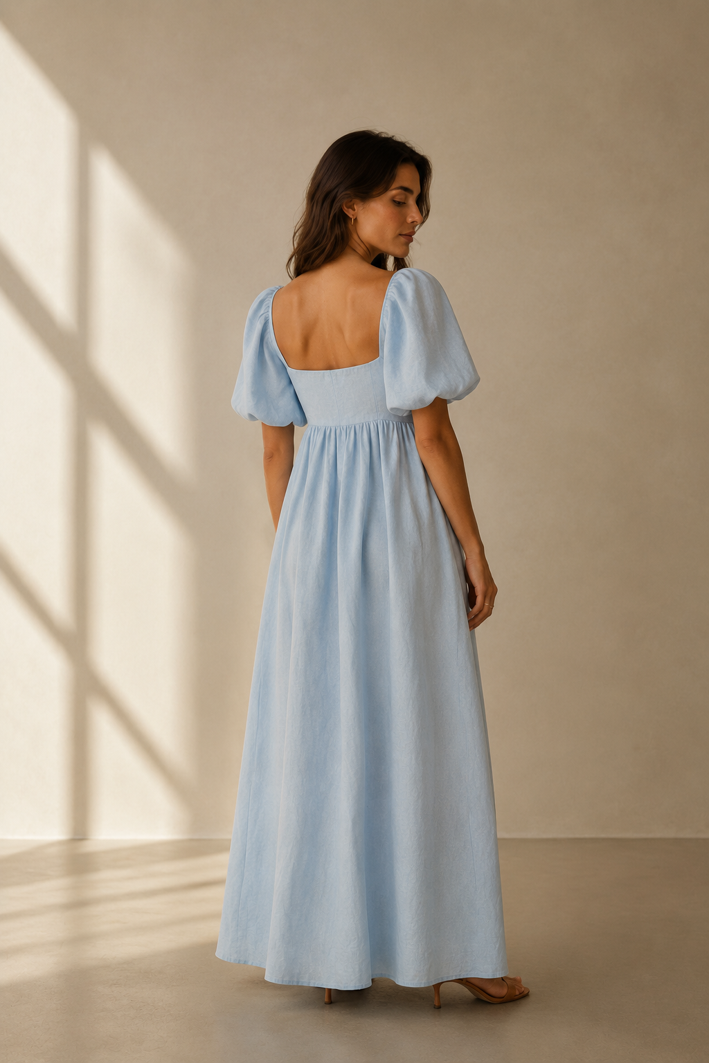 Light blue linen a-line maxi dress, back view, smooth back, graceful silhouette
