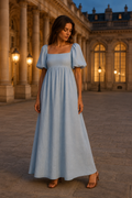 Light blue linen a-line maxi dress, front view, square neckline, puff sleeves, a-line maxi