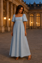 Light blue linen a-line maxi dress, front view, square neckline, puff sleeves, a-line maxi