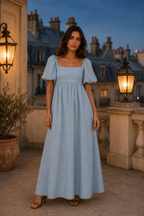 Light blue linen a-line maxi dress, lifestyle, sunlit stroll, quiet afternoon