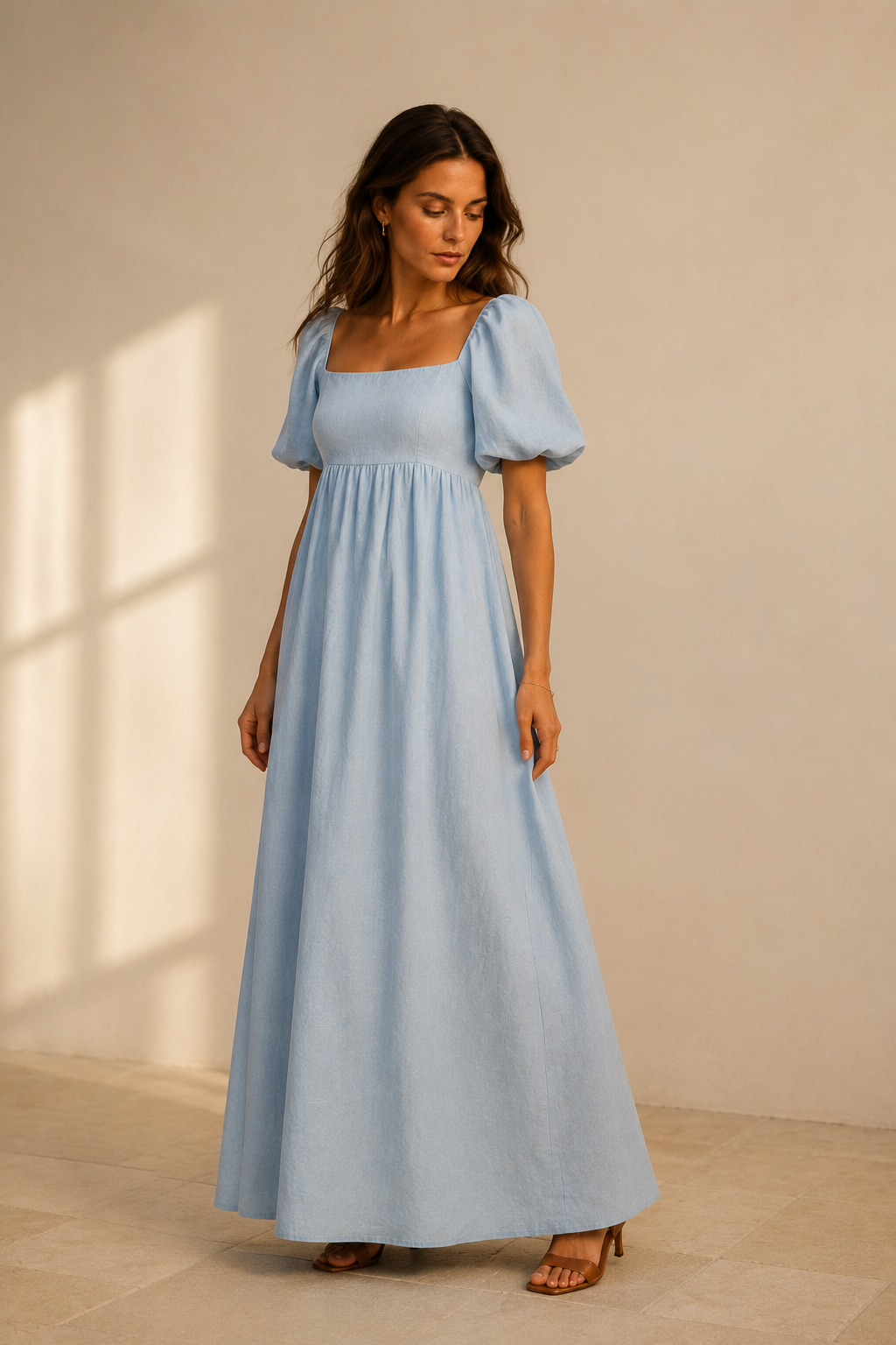 Light blue linen a-line maxi dress, three-quarter view, soft drape, gentle movement, puff sleeves