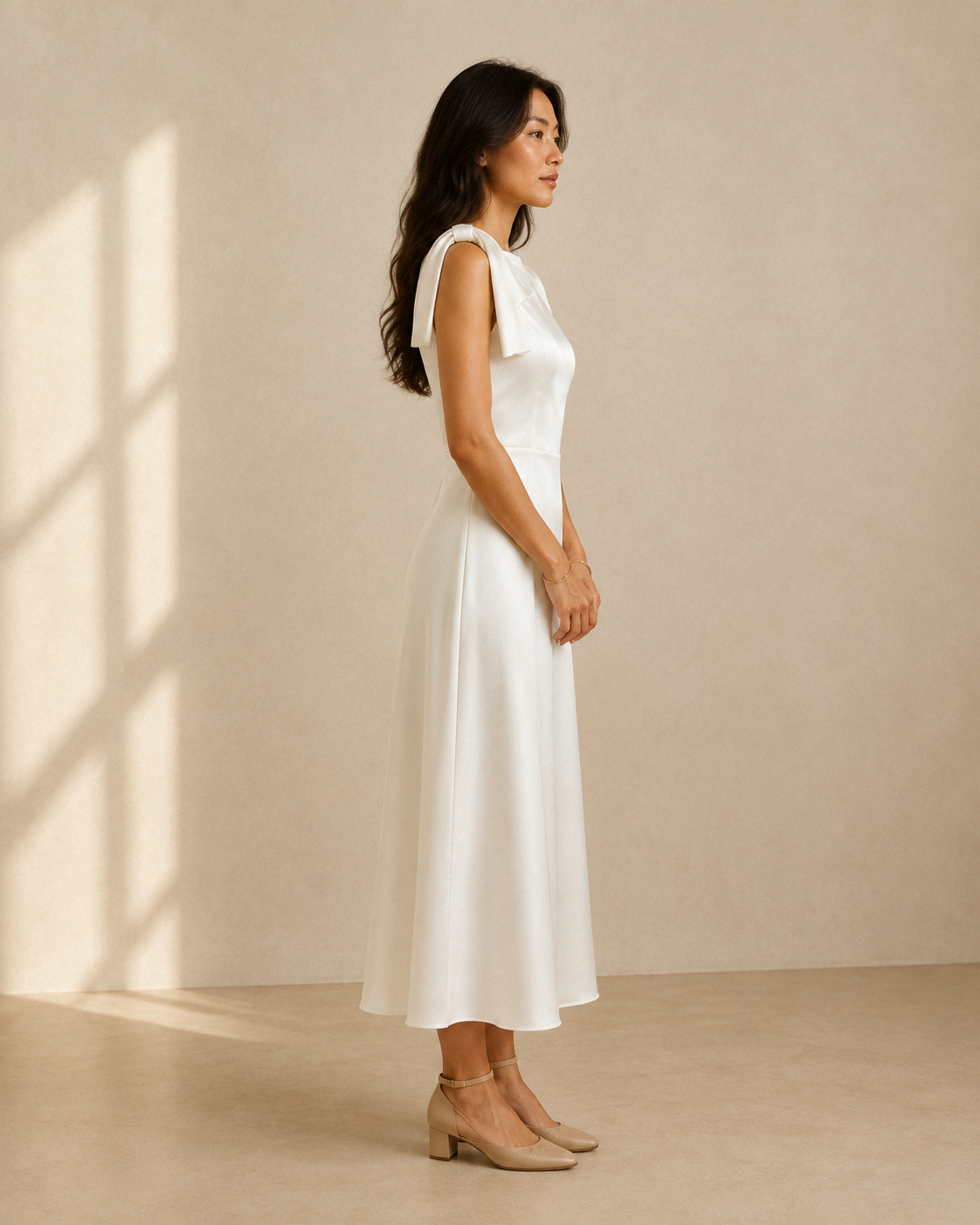 Ivory satin a-line midi dress, straight-on front view for fit reference