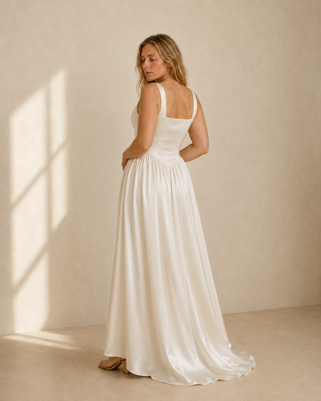Ivory satin a-line maxi dress, back view, square back, wide straps, basque waist