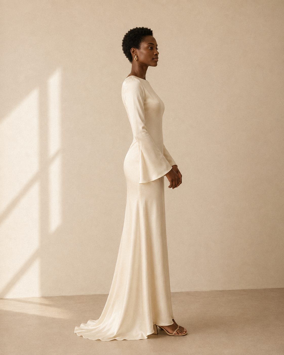 Ivory satin column maxi dress, straight-on front view for fit reference