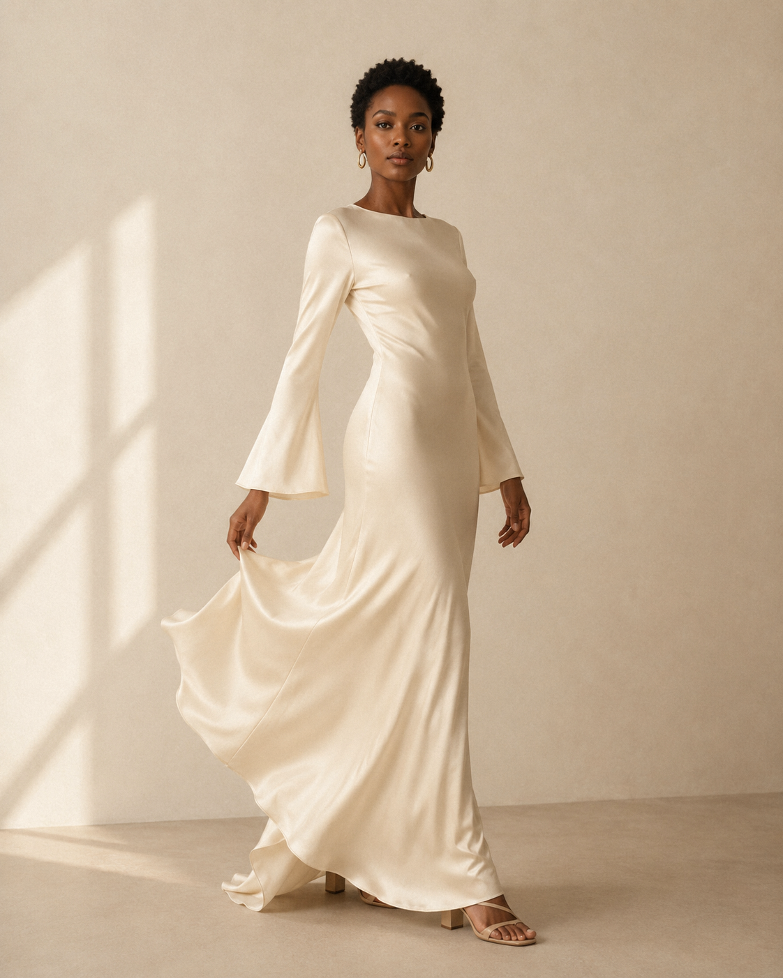 Ivory satin column maxi dress, front view on model, clean sheath front and high bateau neckline