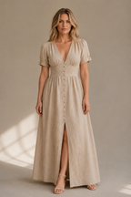 Light beige linen a-line maxi dress, full front view, a-line skirt with a front slit