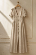 Light beige linen a-line maxi dress, hanging on wooden hanger against plaster wall