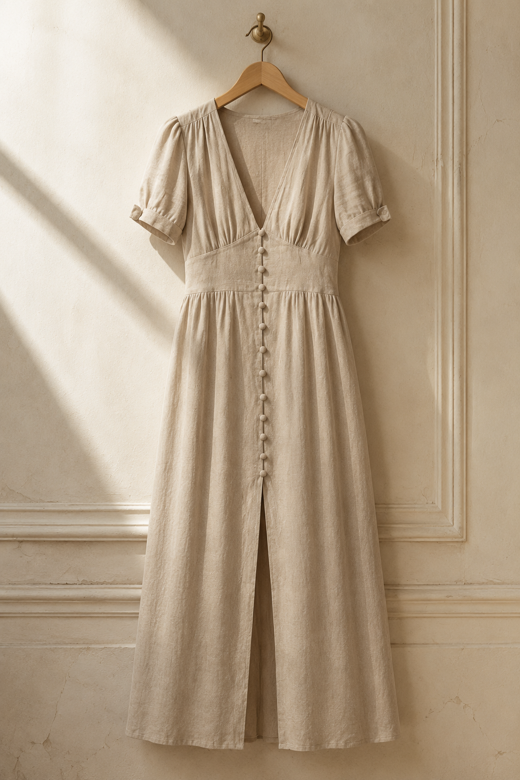 Light beige linen a-line maxi dress, hanging on wooden hanger against plaster wall