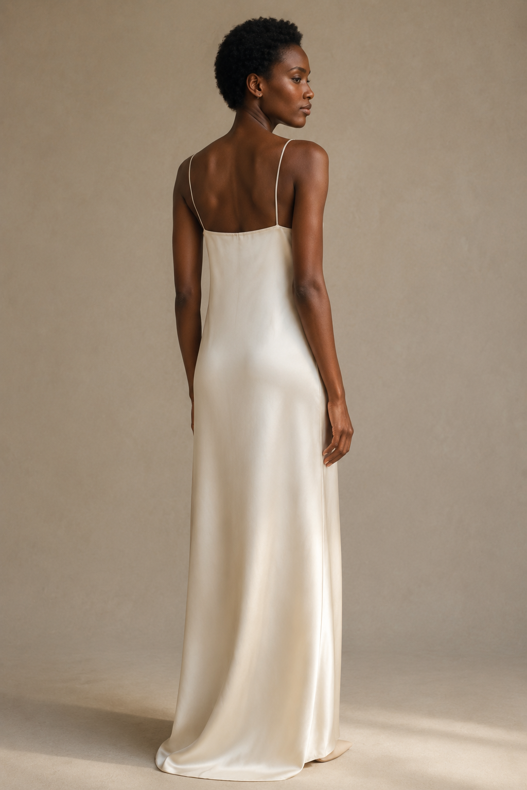 Ivory silk slip maxi dress, back view, unadorned back and clean lines
