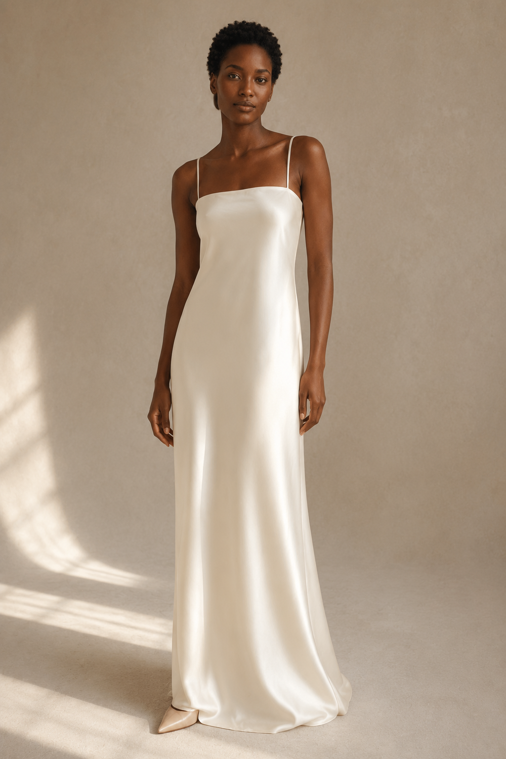 Ivory silk slip maxi dress, full front view, spaghetti straps and fluid drape