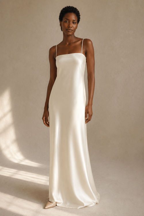 Ivory silk slip maxi dress, full front view, spaghetti straps and fluid drape