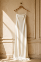 Ivory silk slip maxi dress, hanging on wooden hanger against plaster wall