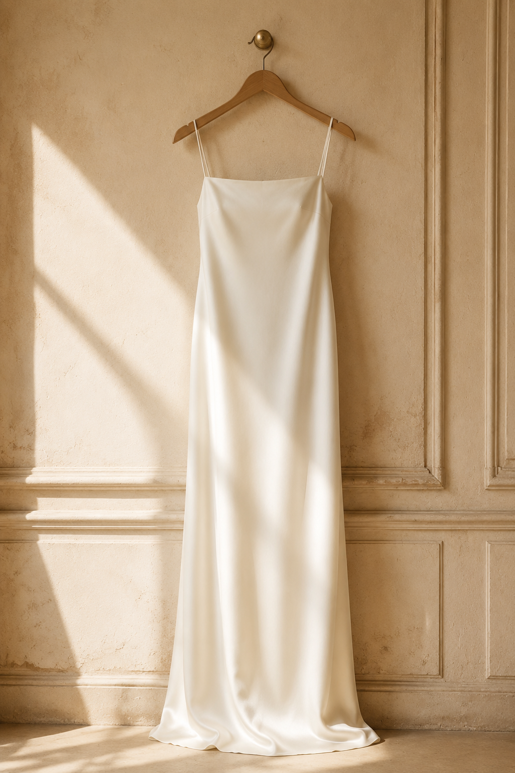 Ivory silk slip maxi dress, hanging on wooden hanger against plaster wall