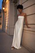 Ivory silk slip maxi dress, front view, straight neckline and flowing skirt