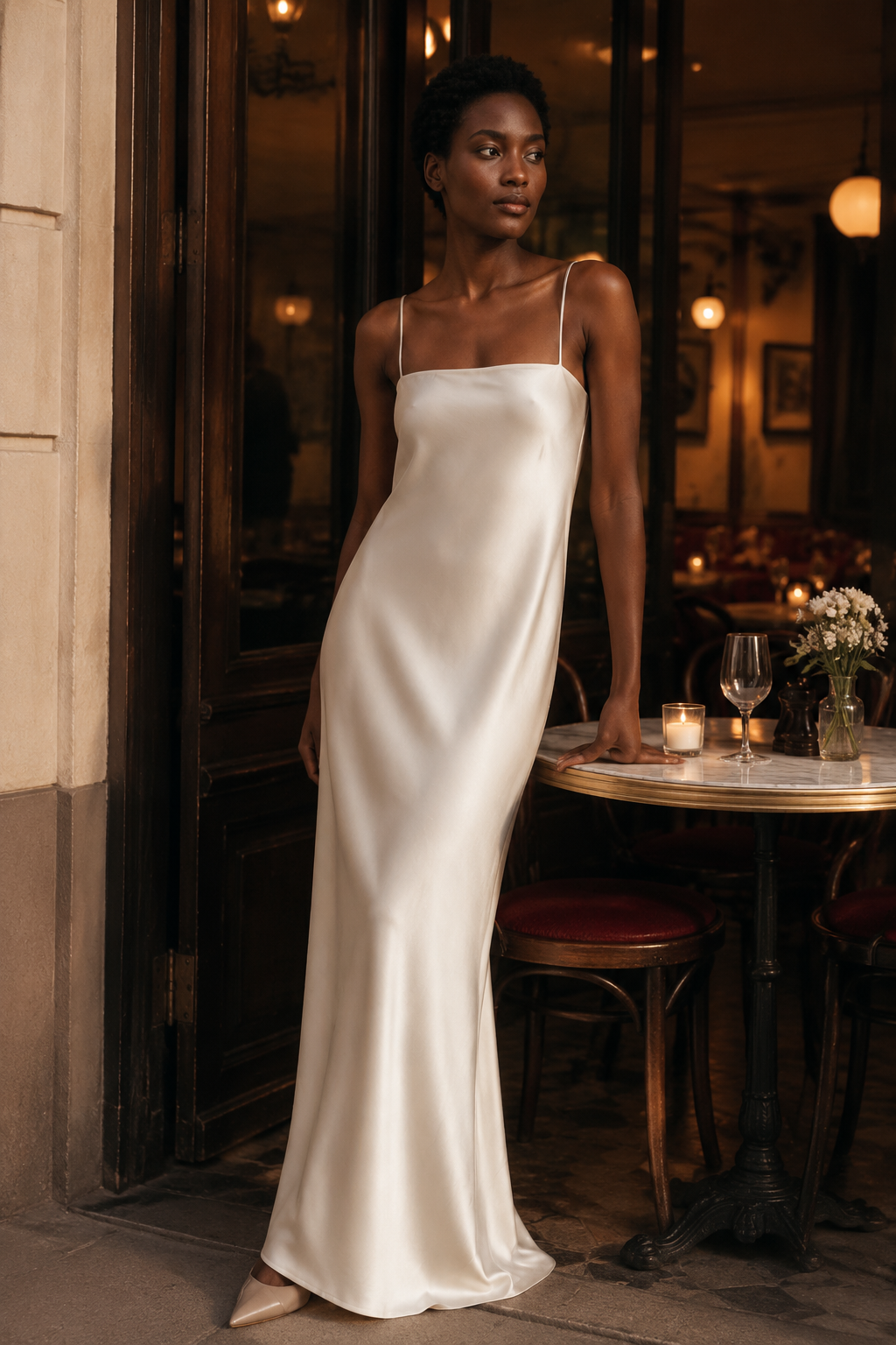 Ivory silk slip maxi dress, lifestyle, daydreaming on a quiet balcony