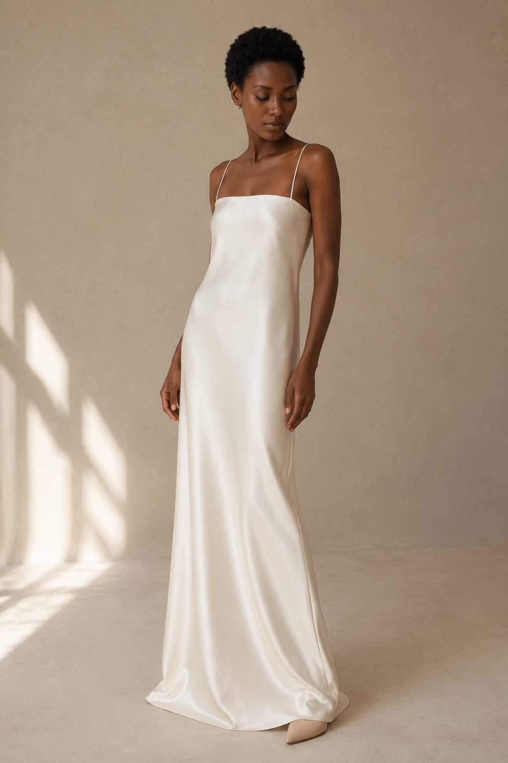 Ivory silk slip maxi dress, three-quarter view, maxi length and soft silhouette