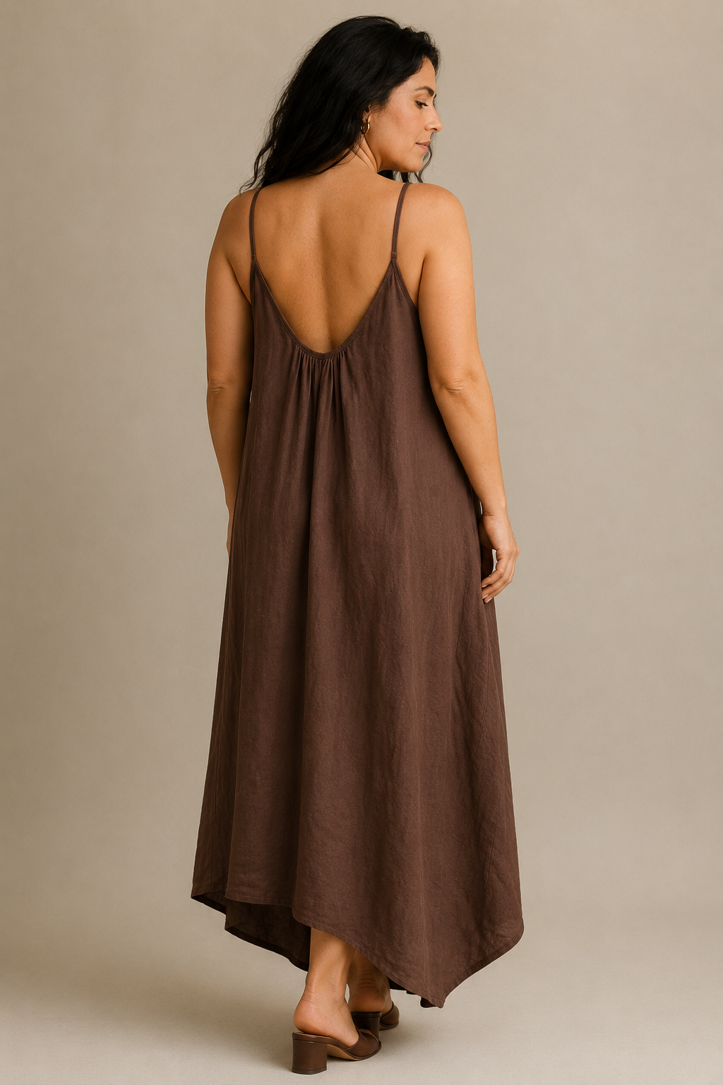 Brown linen slip maxi dress, back view, simple back and soft fabric drape
