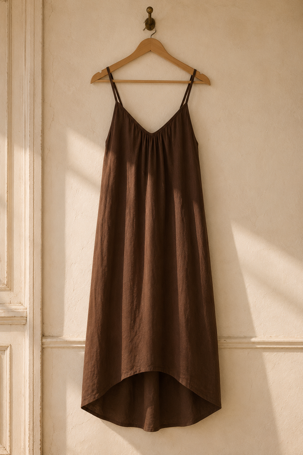 Brown linen slip maxi dress, hanging on wooden hanger against plaster wall