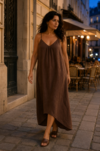 Brown linen slip maxi dress, lifestyle, relaxed day in sunlit surroundings