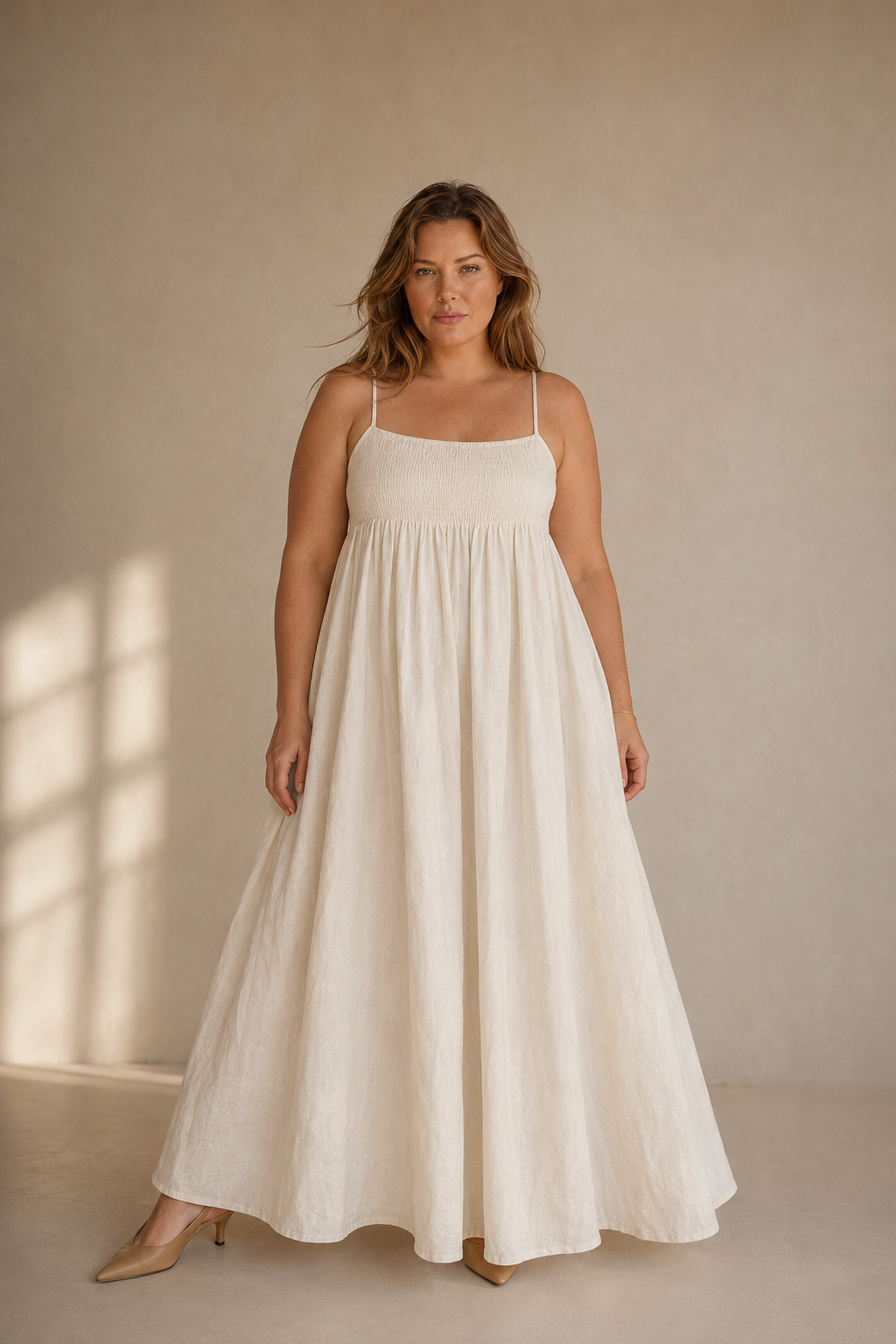 Ivory linen a-line maxi dress, full front view, gathered bodice and flowing A-line skirt