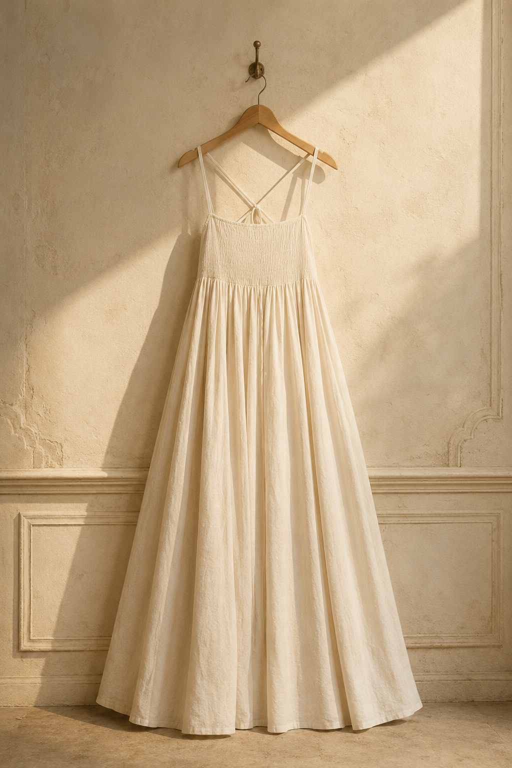 Ivory linen a-line maxi dress, hanging on wooden hanger against plaster wall