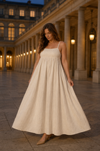 Ivory linen a-line maxi dress, front view, straight neckline and gathered bodice