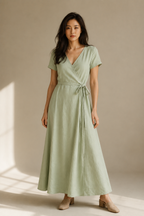 Sage green linen wrap maxi dress, full front view, flowing maxi skirt and wrap closure