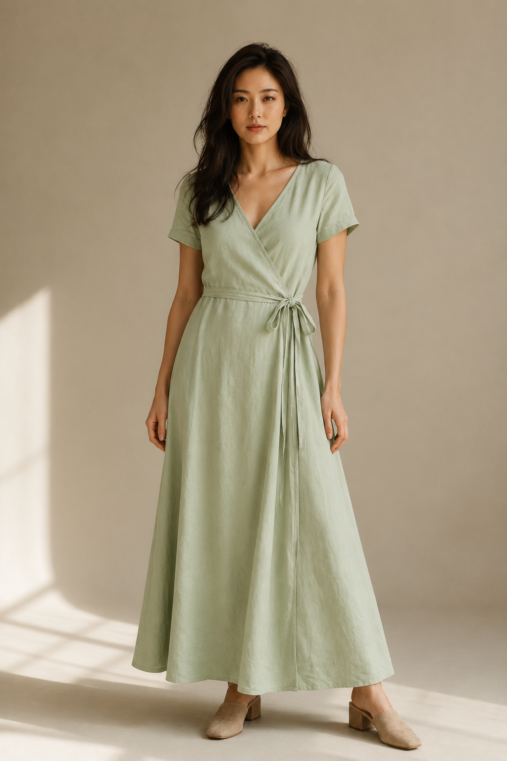 Sage green linen wrap maxi dress, full front view, flowing maxi skirt and wrap closure