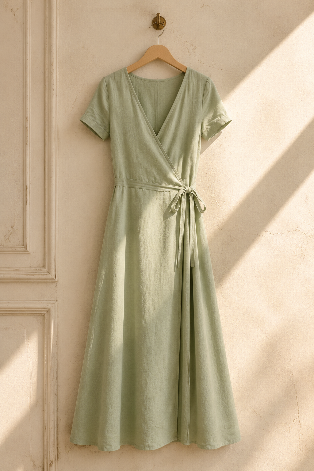 Sage green linen wrap maxi dress, hanging on wooden hanger against plaster wall