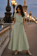 Sage green linen wrap maxi dress, front view, V neckline and tie waist