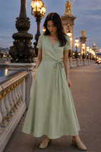 Sage green linen wrap maxi dress, front view, V neckline and tie waist