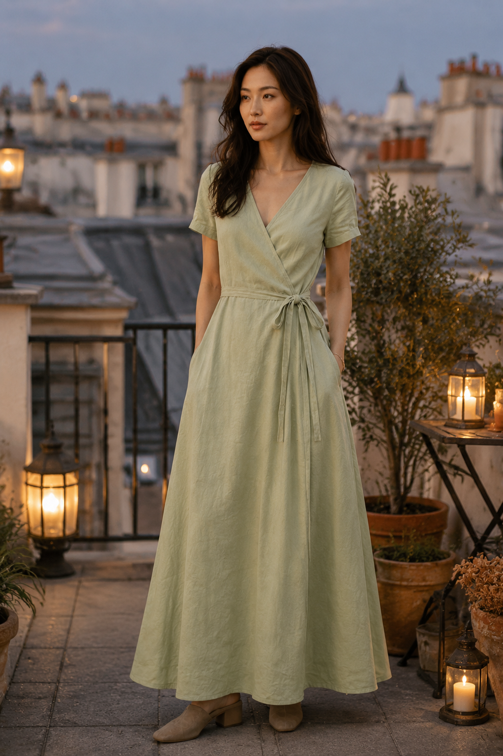 Sage green linen wrap maxi dress, lifestyle, sunny day in a quiet courtyard