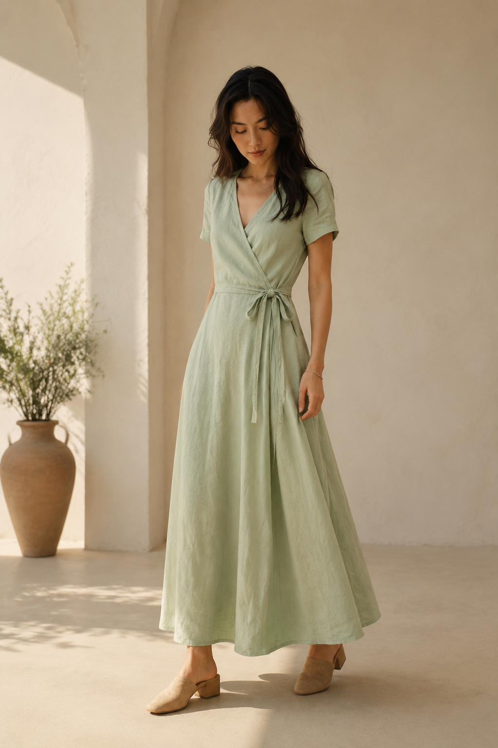 Sage green linen wrap maxi dress, three-quarter view, wrap silhouette and fabric drape