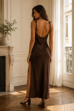 Brown silk slip maxi dress, back view, soft V back and flowing skirt
