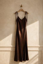 Brown silk slip maxi dress, hanging on wooden hanger against plaster wall