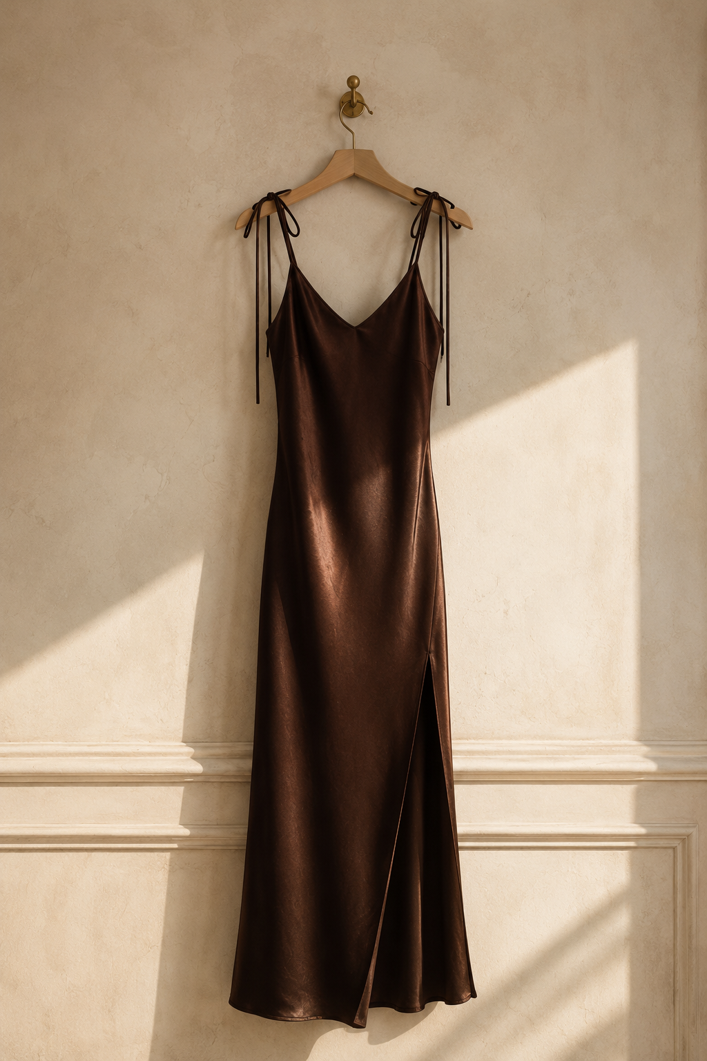 Brown silk slip maxi dress, hanging on wooden hanger against plaster wall